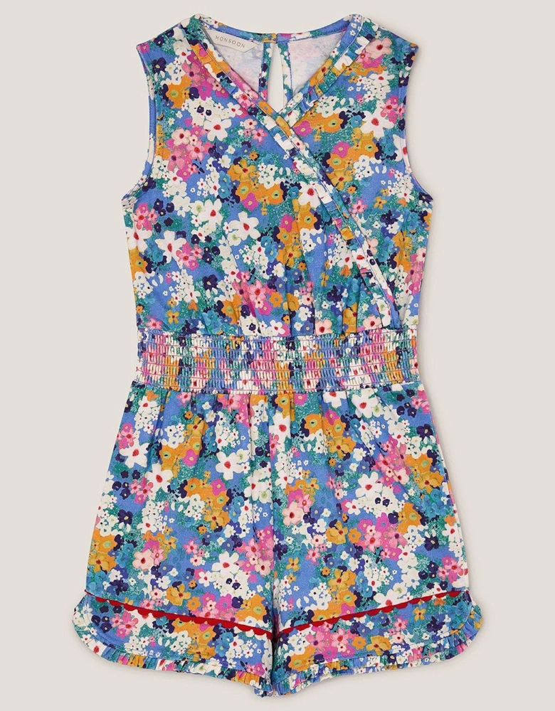 Girls Floral Print Sleeveless Playsuit - Blue