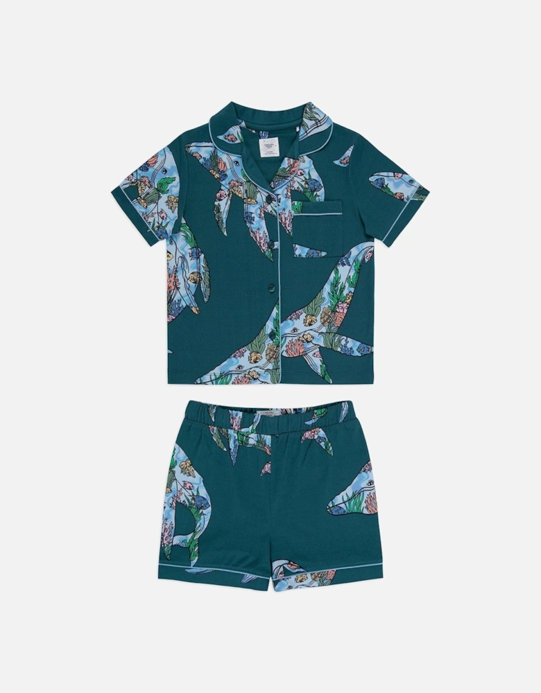 Kids Unisex Whale Coral Reef Short Sleeve Revere Top And Short Pyjama Set - Teal