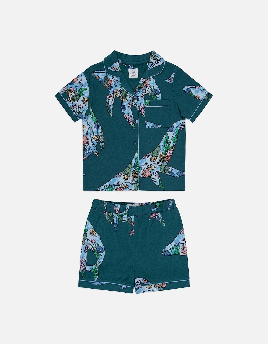 Kids Unisex Whale Coral Reef Short Sleeve Revere Top And Short Pyjama Set - Teal, 2 of 1