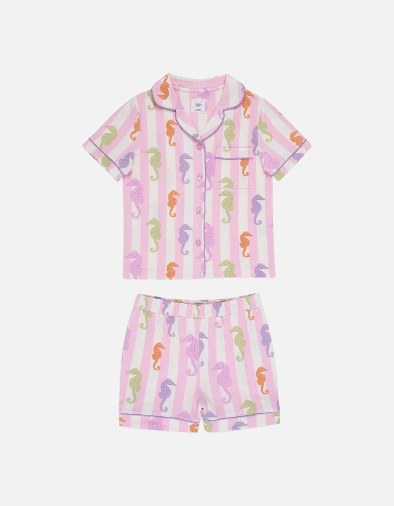 Kids Unisex Seahorse Stripe Short Sleeve Revere Top And Short Pyjama Set - Pink