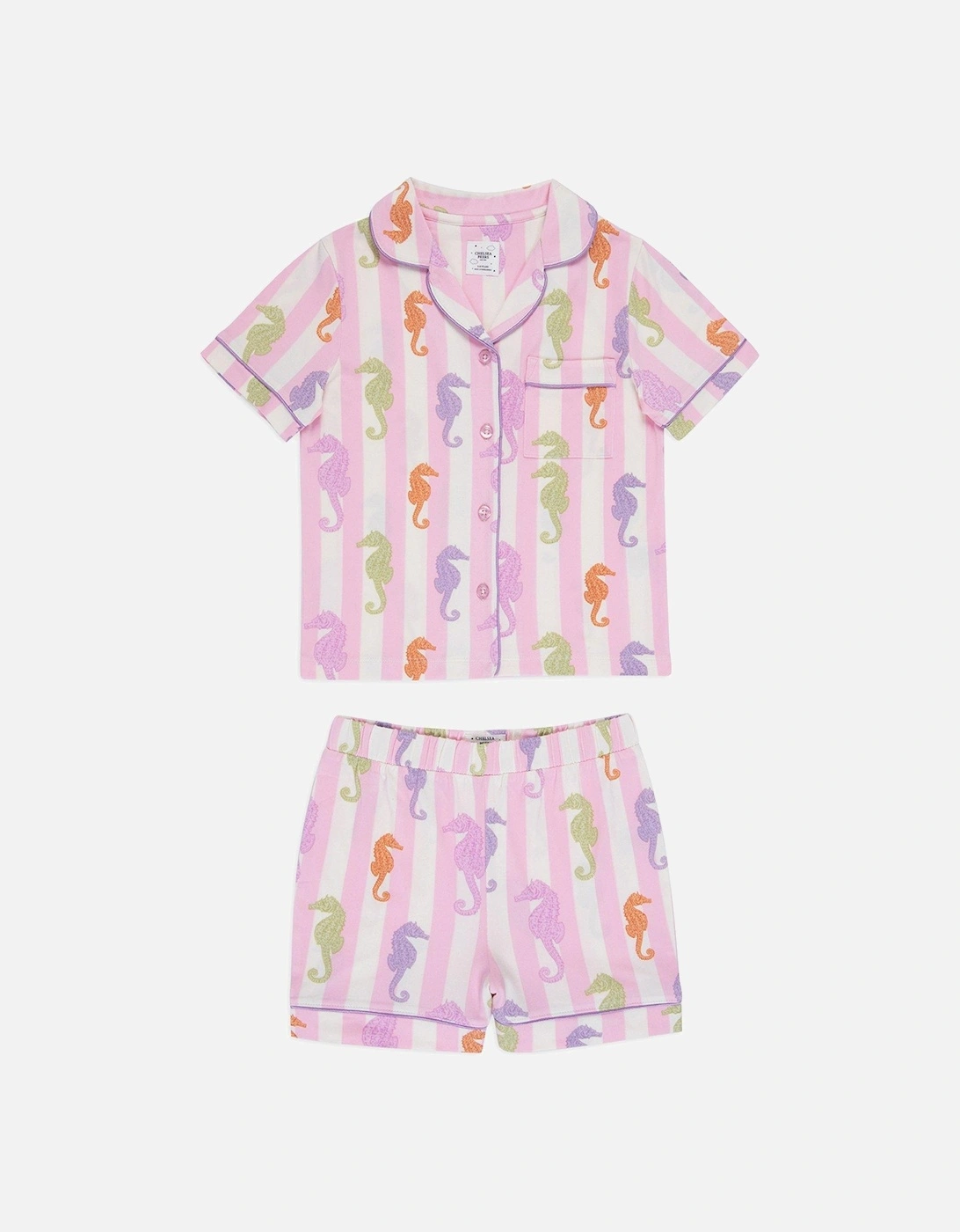 Kids Unisex Seahorse Stripe Short Sleeve Revere Top And Short Pyjama Set - Pink, 2 of 1