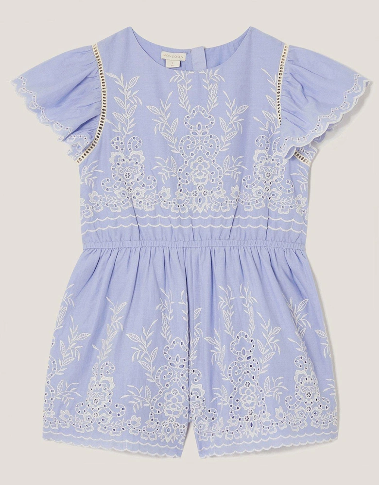 Girls Floral Broderie Short Sleeve Playsuit - Blue