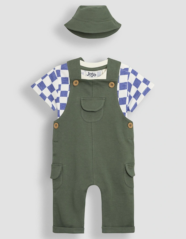 Baby Boys 3-piece Cargo Dungarees & T-shirt Set With Hat - Khaki