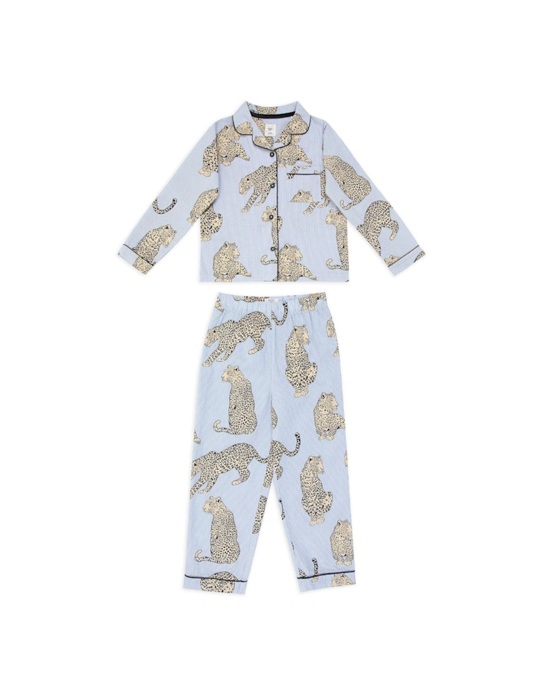 Unisex Kids Seersucker Stripe Leopard Long Sleeve Button Up Pyjamas - Blue