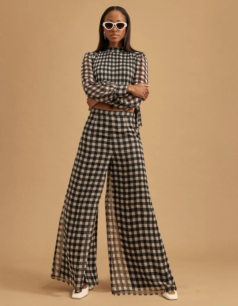 Gingham Wide Leg Trouser - Black