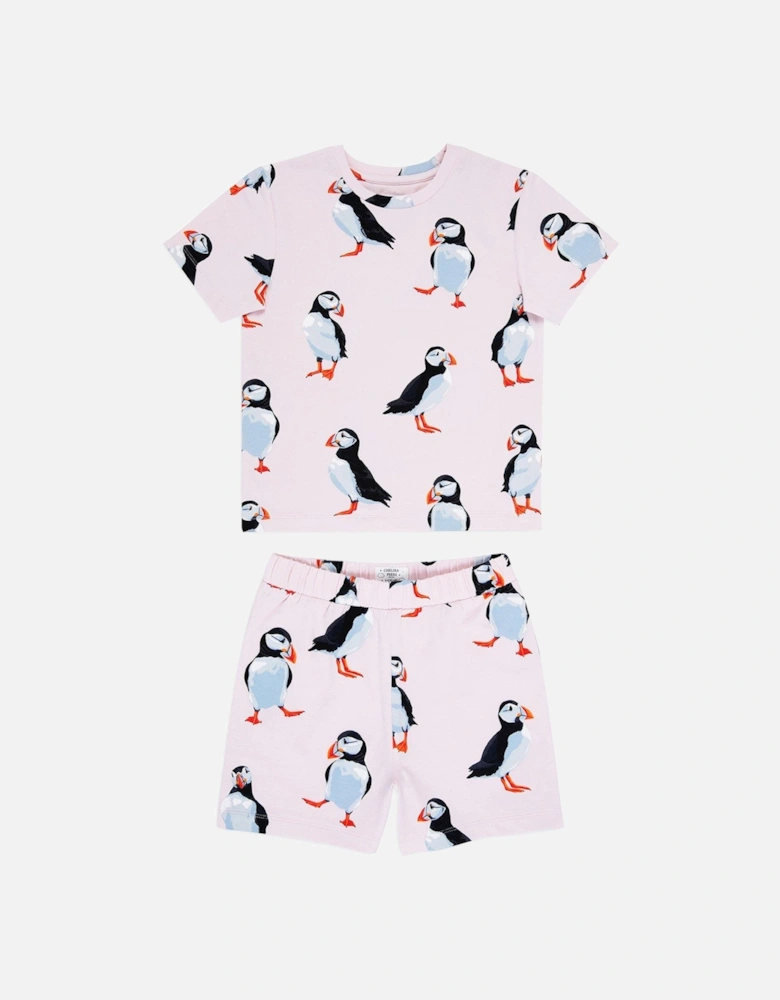 Kids Unisex Puffin Crew Neck T-shirt And Short Pyjama Set - Pink