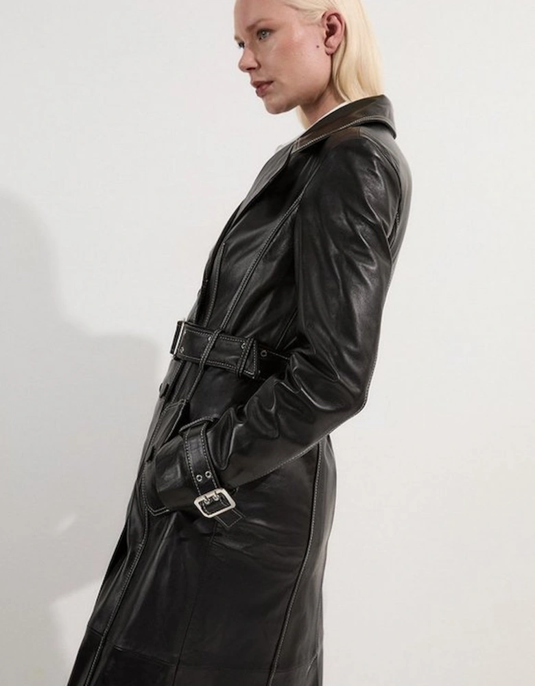 Leather Stitch Detail Tailored Trench Coat