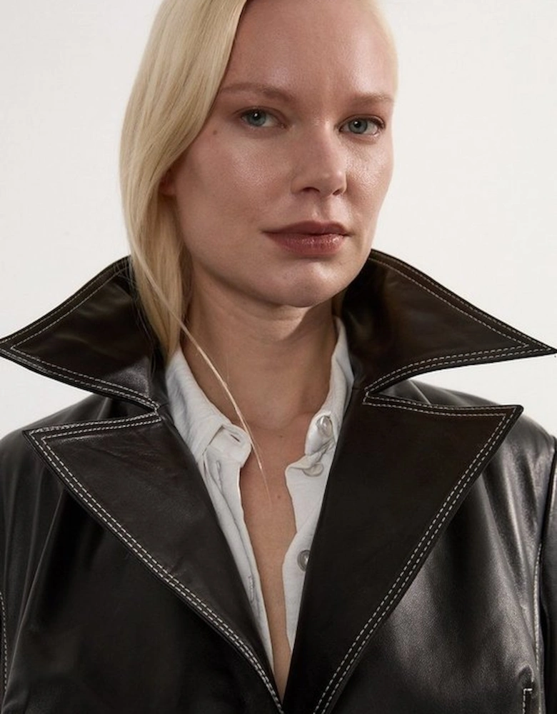 Leather Stitch Detail Tailored Trench Coat