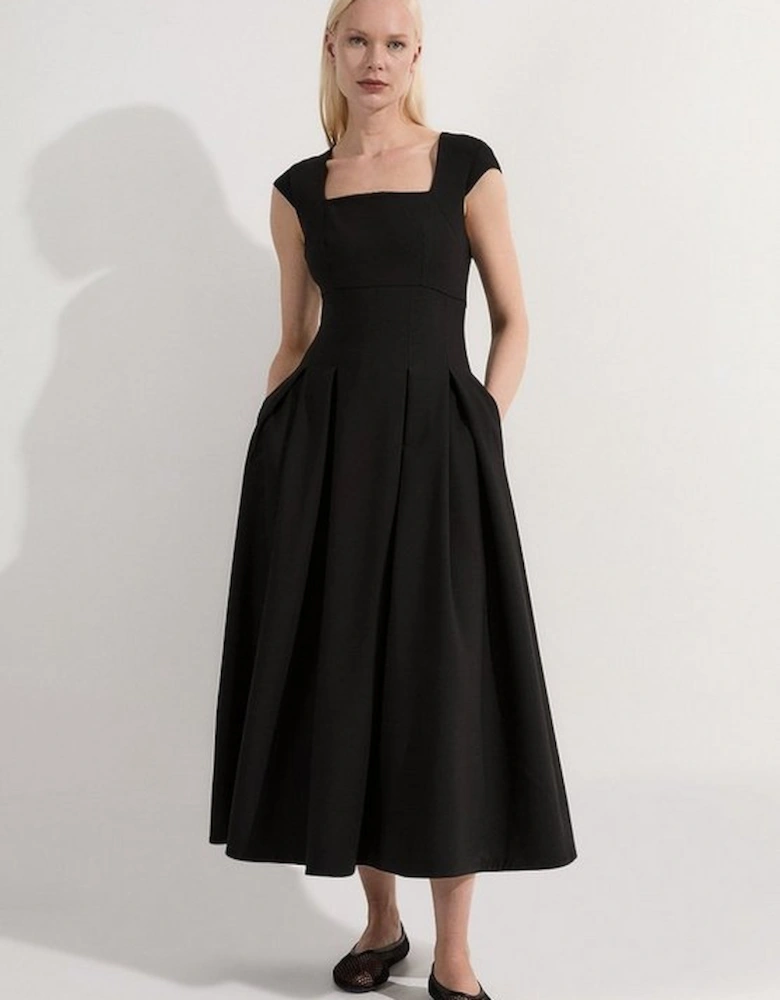 Clean Tailored Square Neck Full Skirted Midi Dress