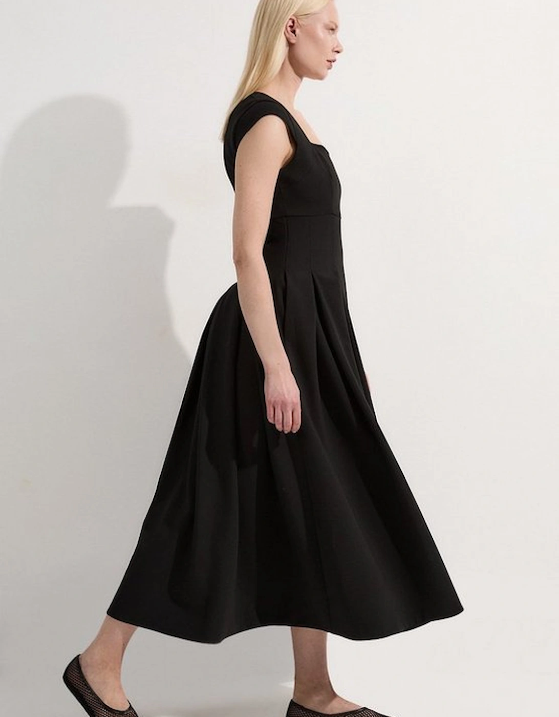 Clean Tailored Square Neck Full Skirted Midi Dress