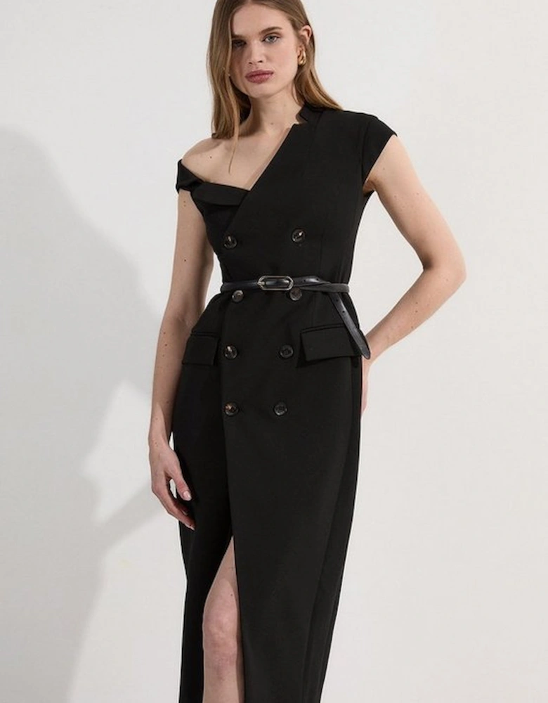 Compact Stretch Asymmetric Collar Tailored Pencil Maxi Dress