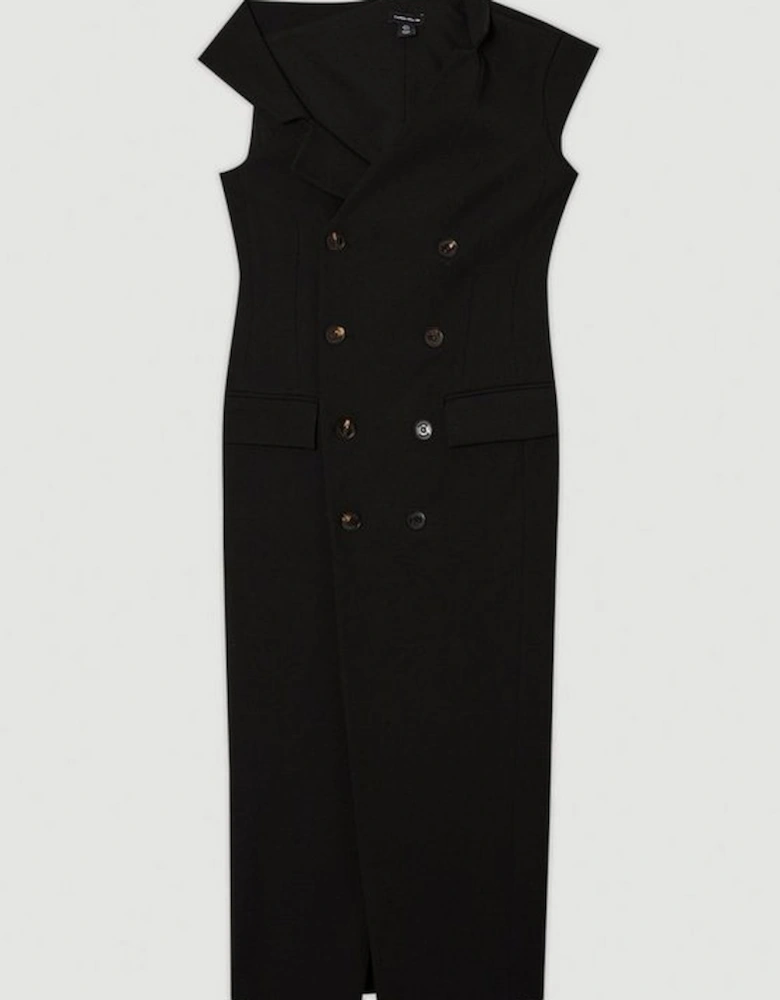 Compact Stretch Asymmetric Collar Tailored Pencil Maxi Dress