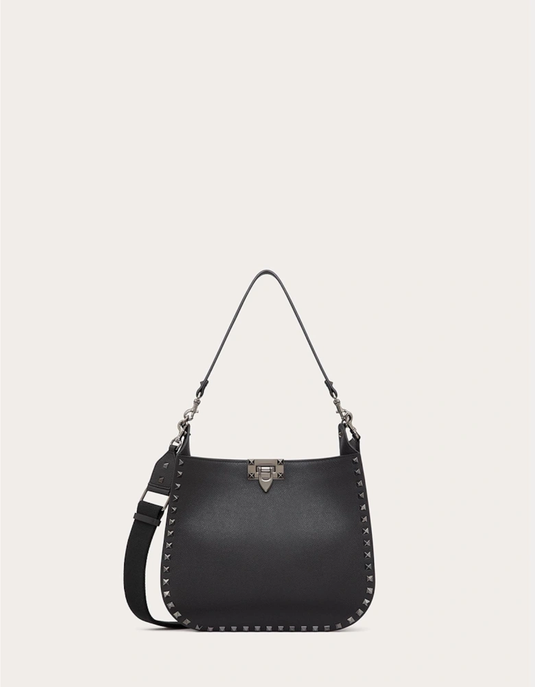 Grainy Calf Leather Rockstud Hobo Bag Women - Black Handbags