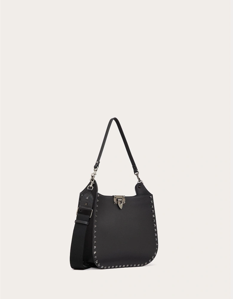 Grainy Calf Leather Rockstud Hobo Bag Women - Black Handbags