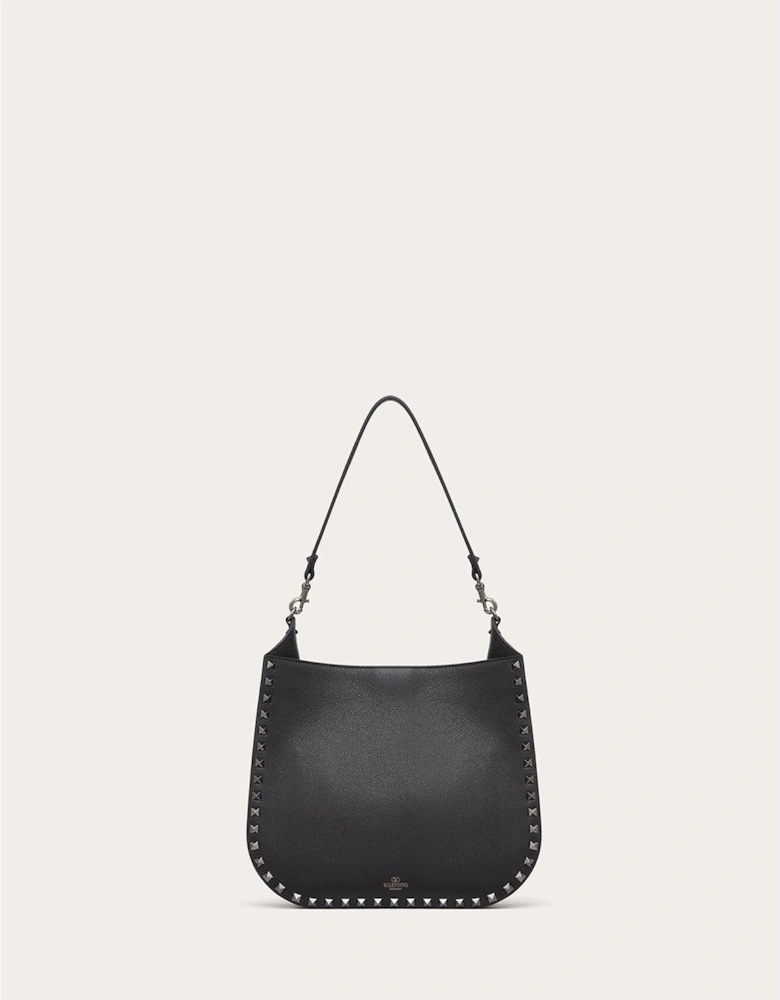 Grainy Calf Leather Rockstud Hobo Bag Women - Black Handbags