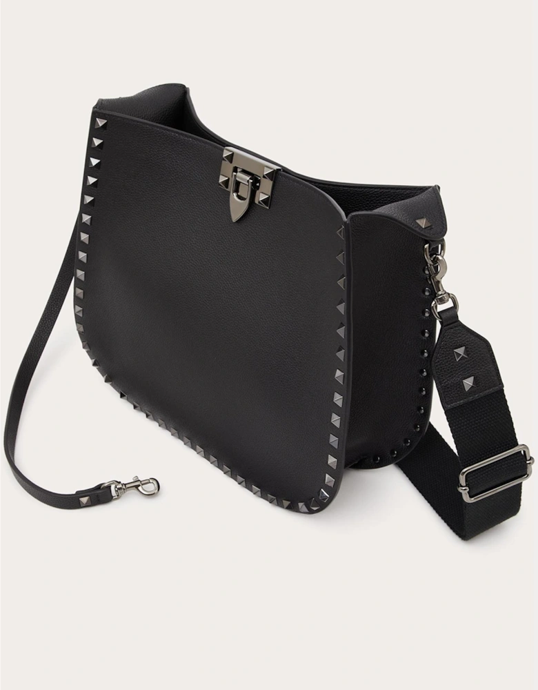 Grainy Calf Leather Rockstud Hobo Bag Women - Black Handbags