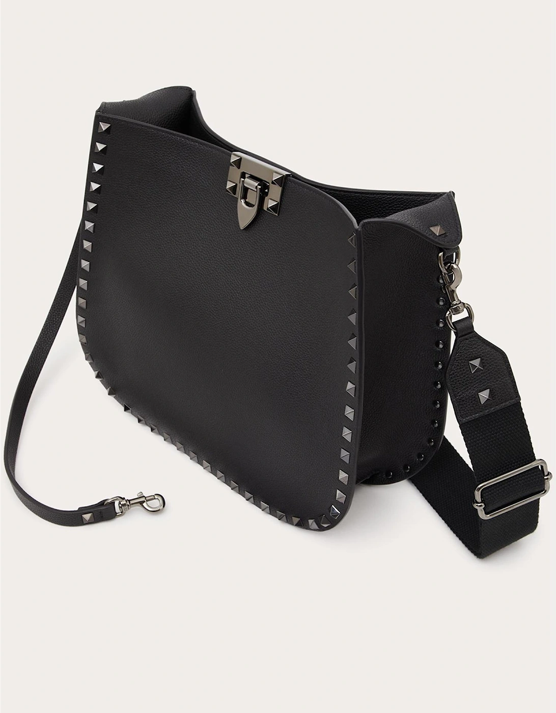 Grainy Calf Leather Rockstud Hobo Bag Women - Black Handbags