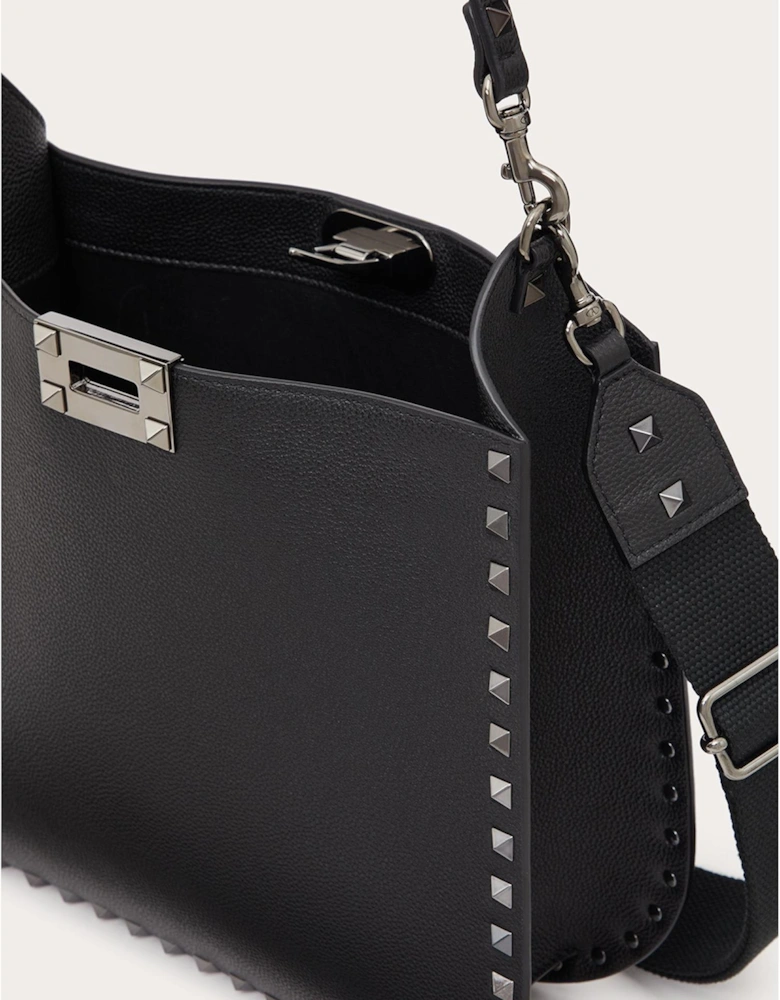 Grainy Calf Leather Rockstud Hobo Bag Women - Black Handbags
