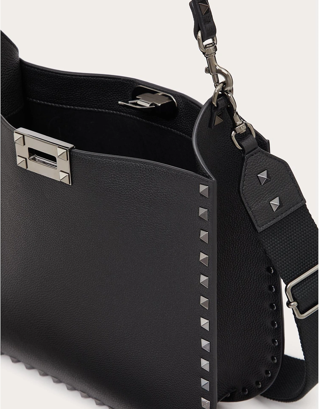 Grainy Calf Leather Rockstud Hobo Bag Women - Black Handbags