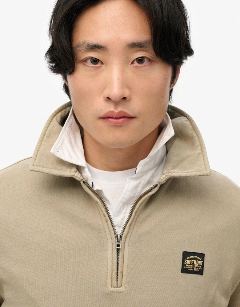 Contrast Stitch Half Zip Sweat Top - Light Khaki