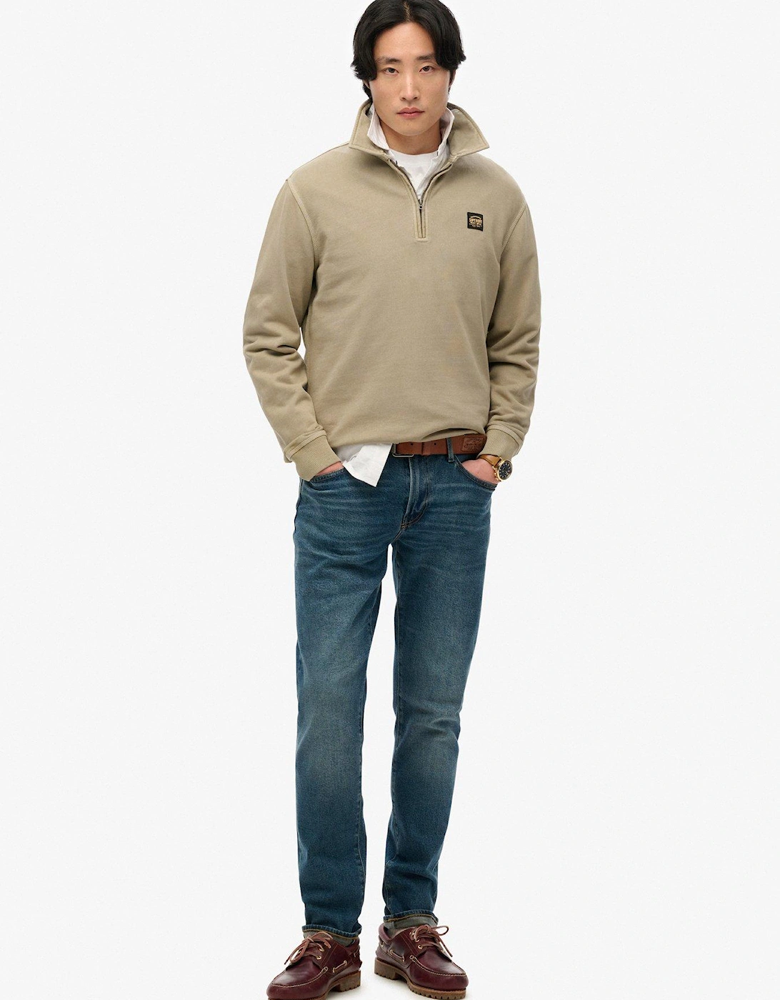 Contrast Stitch Half Zip Sweat Top - Light Khaki