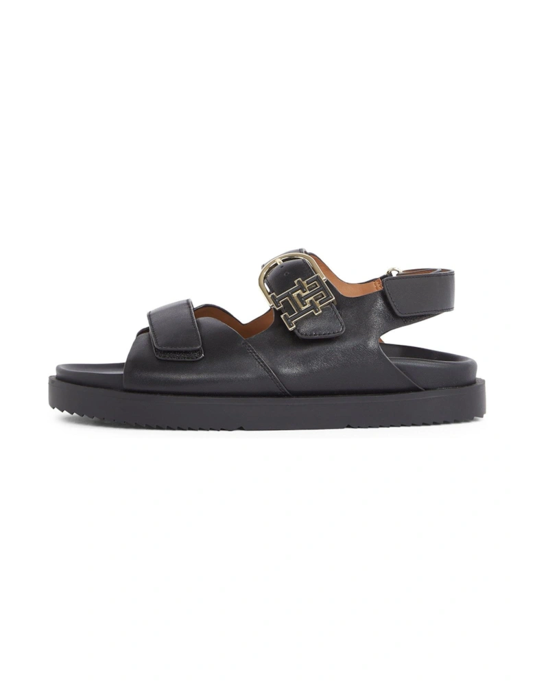 Leather Emblem Logo Sporty Sandal - Black