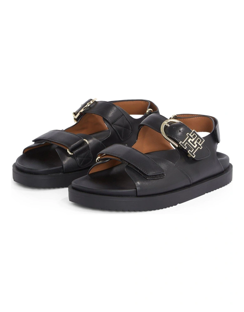 Leather Emblem Logo Sporty Sandal - Black