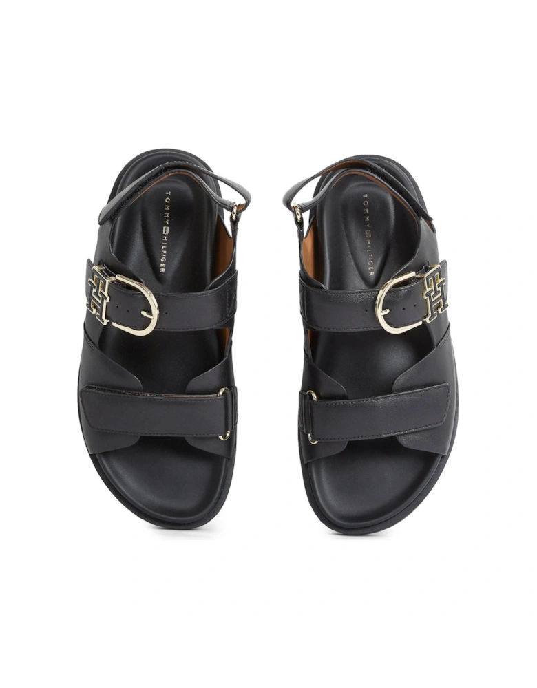 Leather Emblem Logo Sporty Sandal - Black