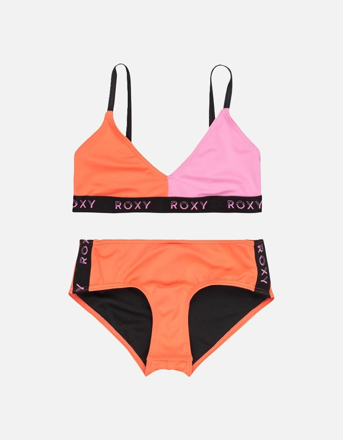 Girl's Roxy Kids Colorblock Triangle Bra Set Bikini - Black/Grey - Size: 7 years