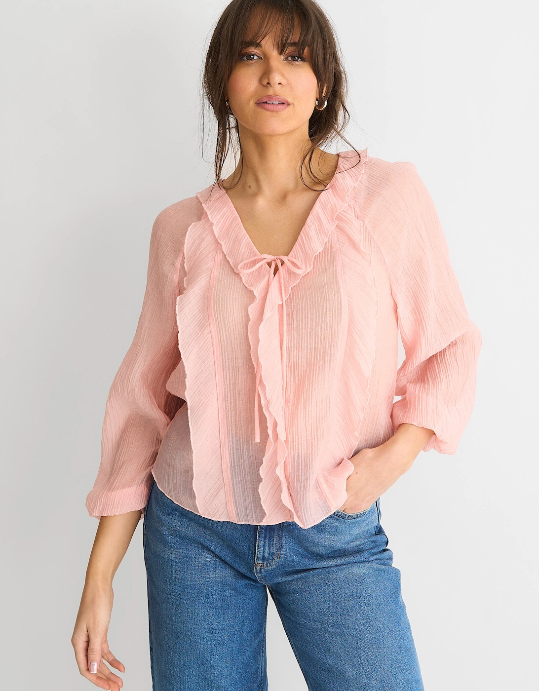 Gini London Women's Long Sleeeves Tie Detail Ruffle Blouse - Pink - Size: 10