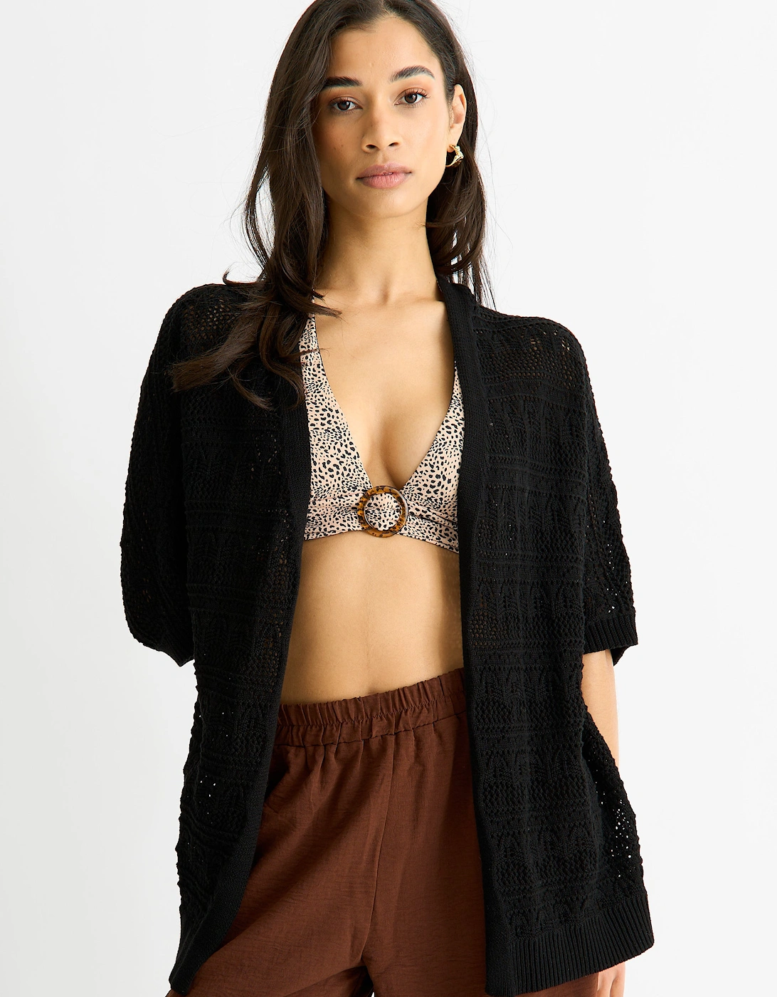 Gini London Women's Black Crochet Knit Edge To Edge Cardigan - Size 8