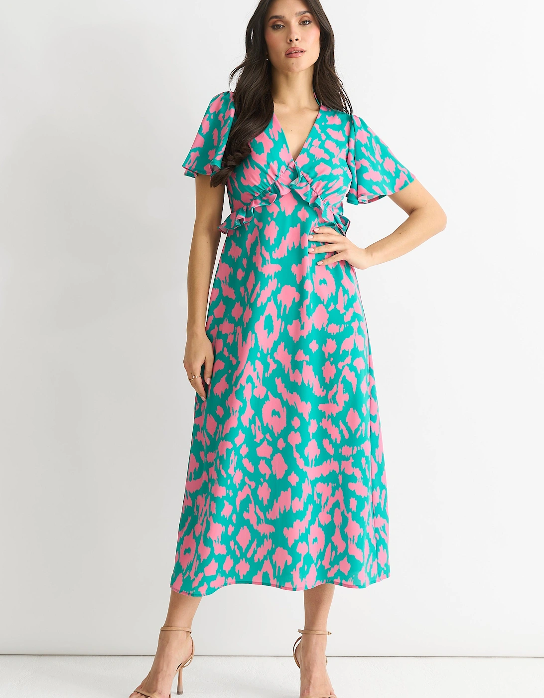 Gini London Women's Green Animal Print V Neck Ruffle Midi Dress - Size 10