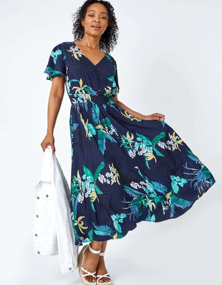 Petite Floral Shirred Midi Dress