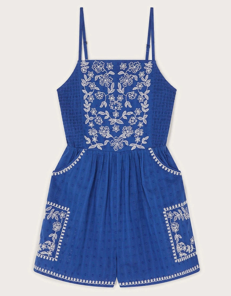 Girls Floral Embroidered Strappy Playsuit - Blue