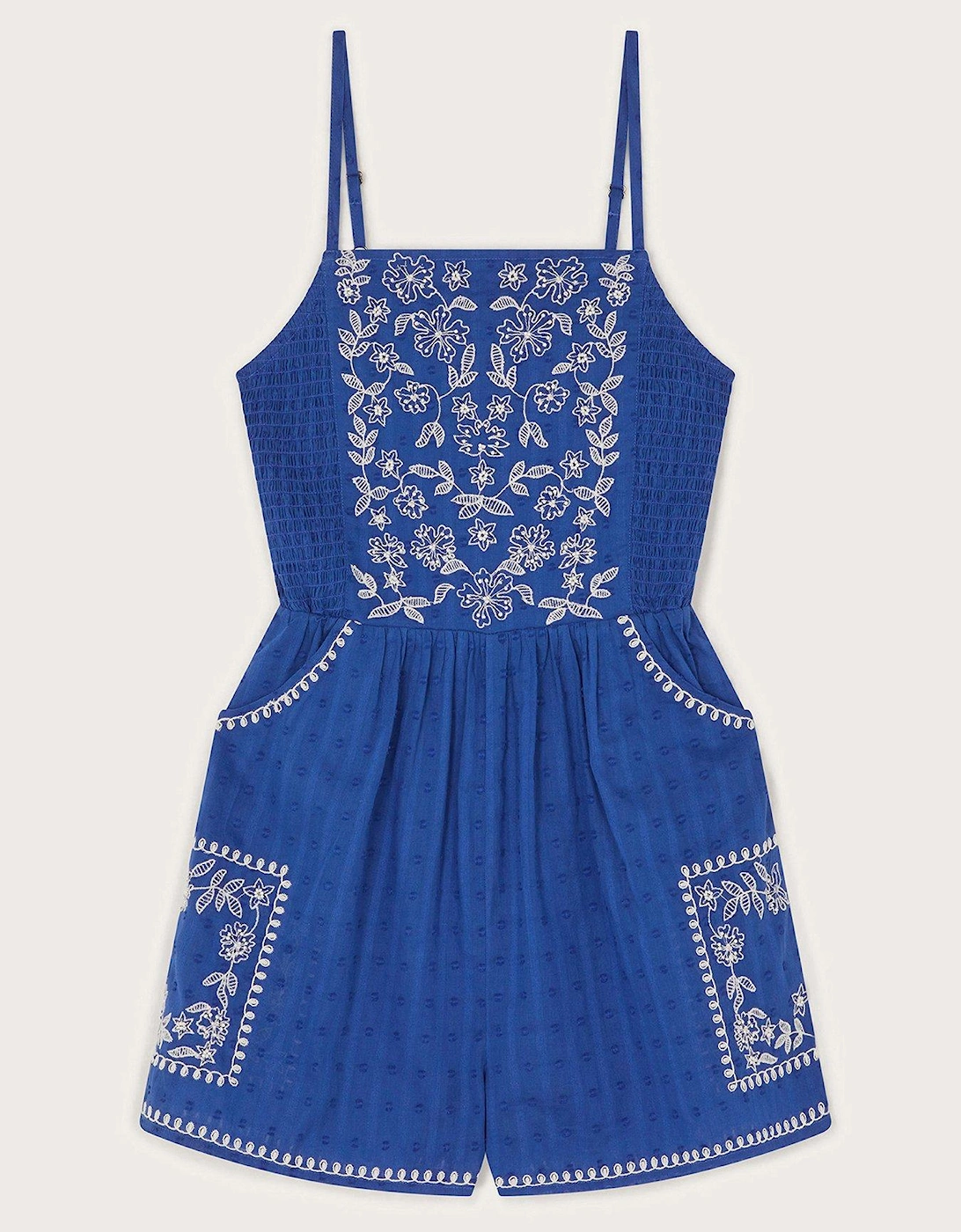 Girls Floral Embroidered Strappy Playsuit - Blue, 2 of 1