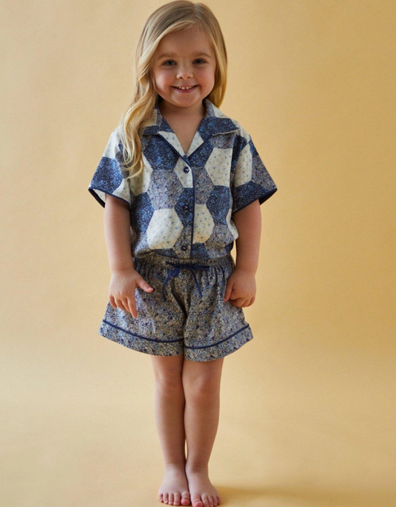 Girls Mini Me Keira Short Sleeve Aster Patchwork Print Pyjama - Blue