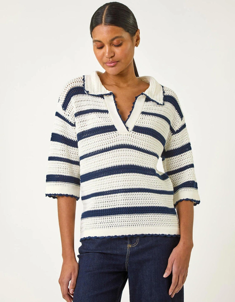 Collared V-neck Stripe Knit - Navy