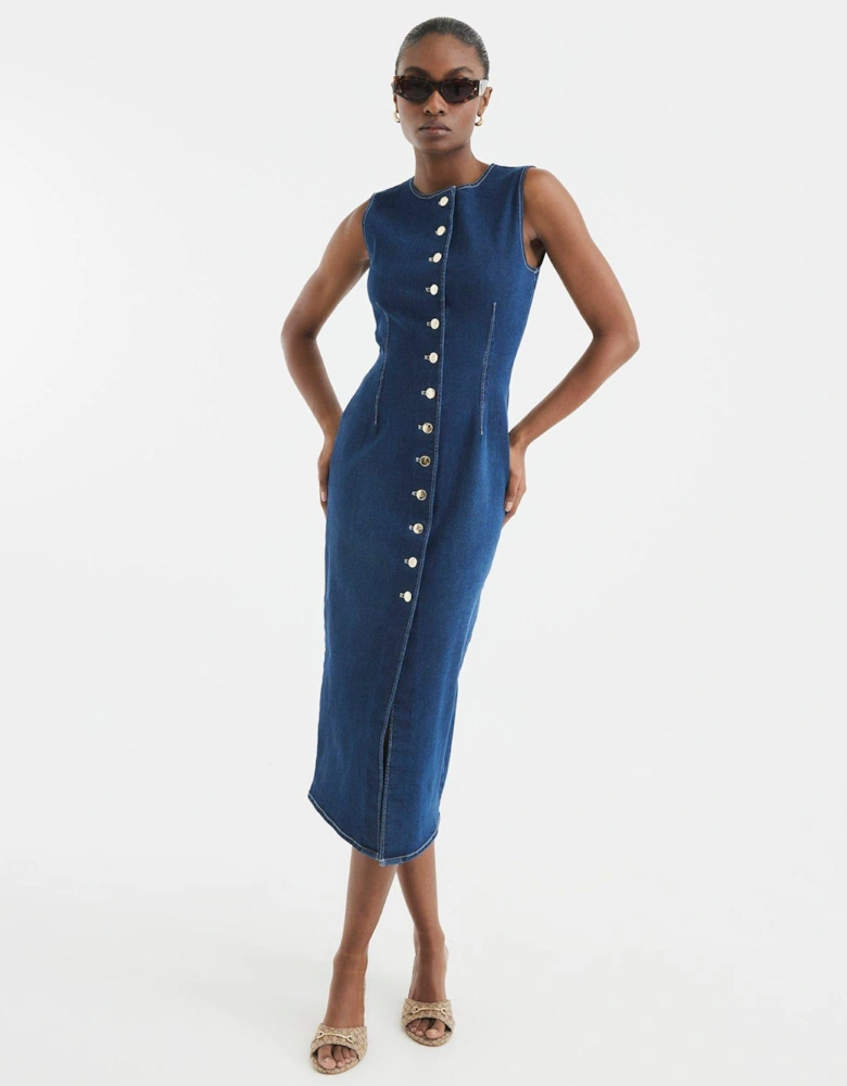 Button Front Midi Bodycon Dress - Dark Denim - Blue