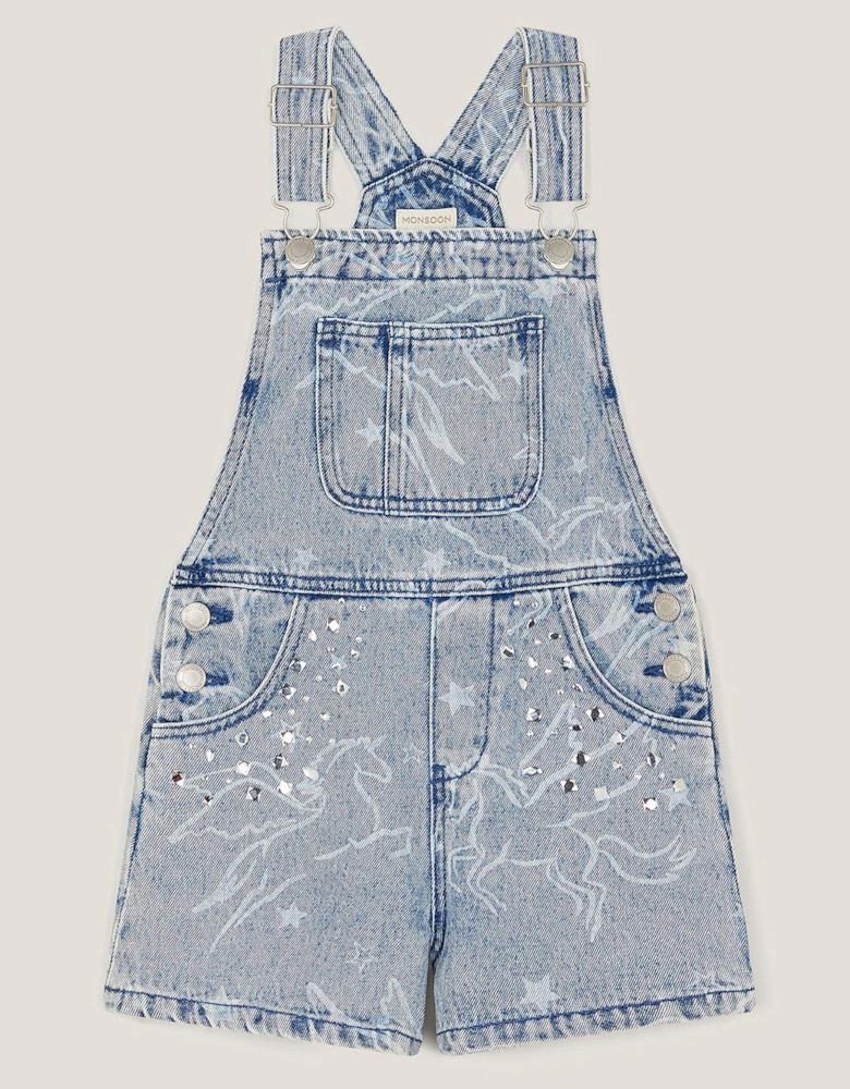 Girls Denim Unicorn Rhinestone Playsuit - Blue