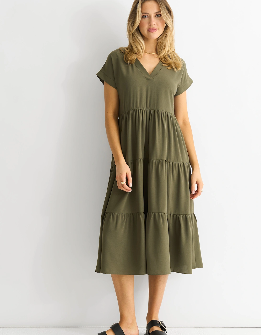 Gini London Women's Khaki V Neck Pocket Smock Midi Dress - Green - Size: 8/10
