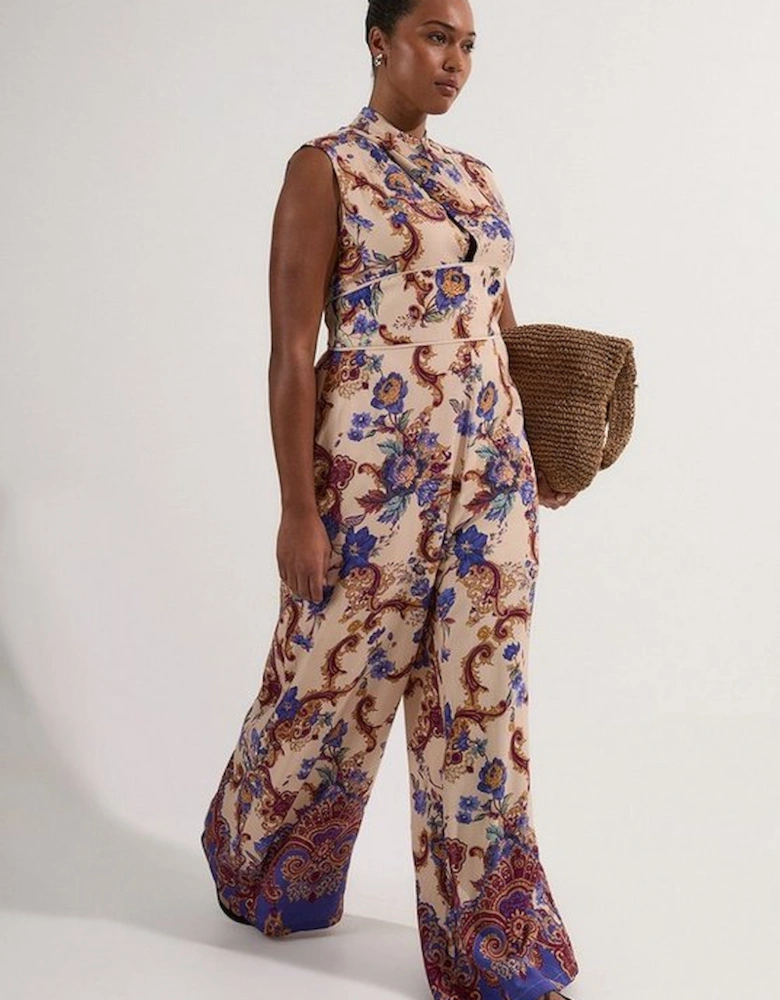 Plus Size Premium Viscose Linen Paisley Border Print Woven Jumpsuit