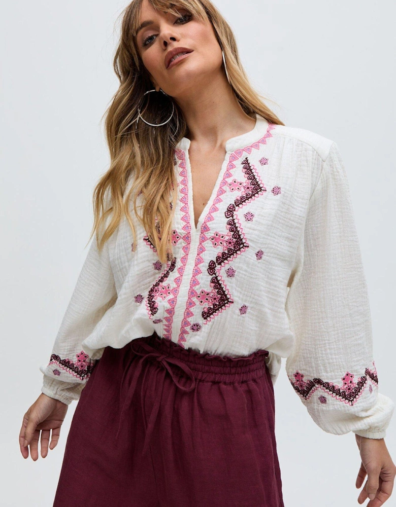 Dina V-neck Embroidered Shirt - Cream