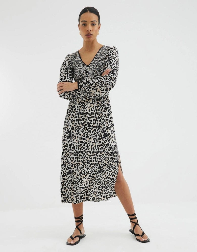 Shirred Animal Print Midi Dress - Cream