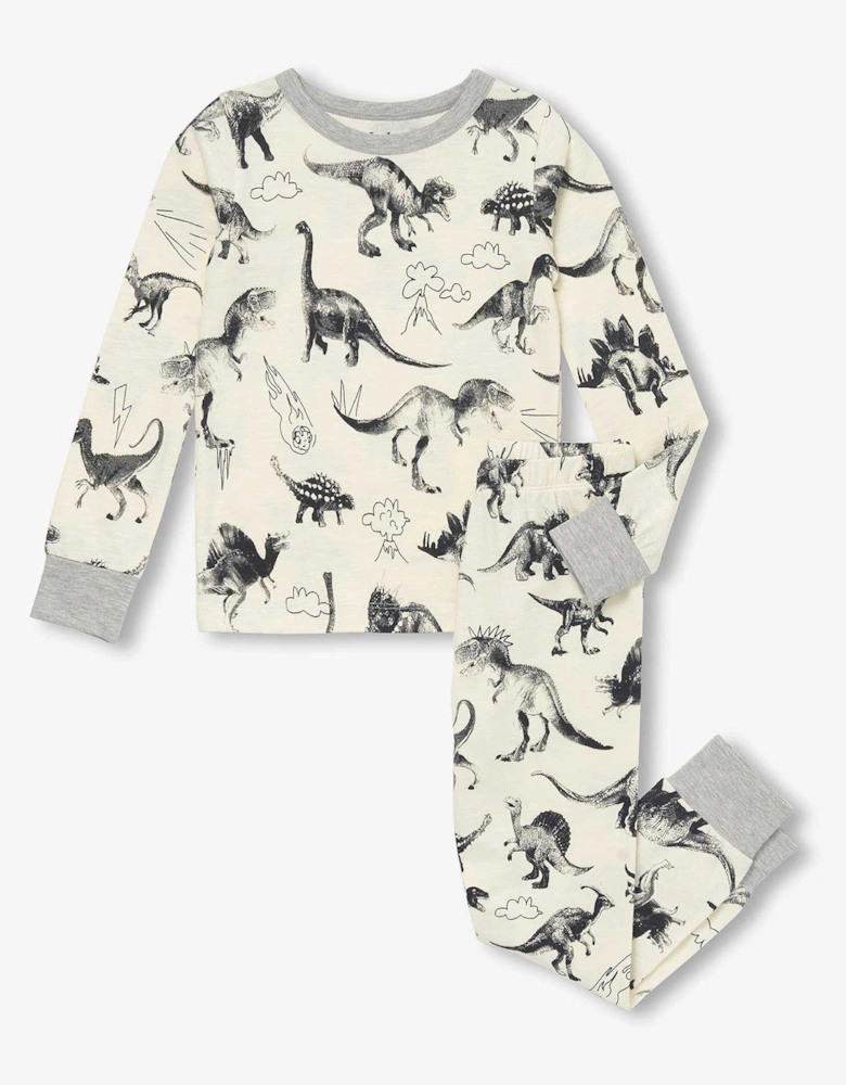 Boys Dino Extinction Stretch Cotton Pyjama Set - Cream