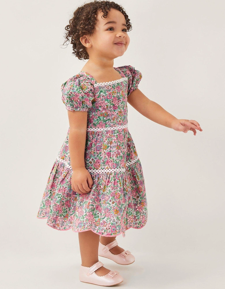 Baby Girls Broderie Floral Puff-Sleeve Dress - Pink