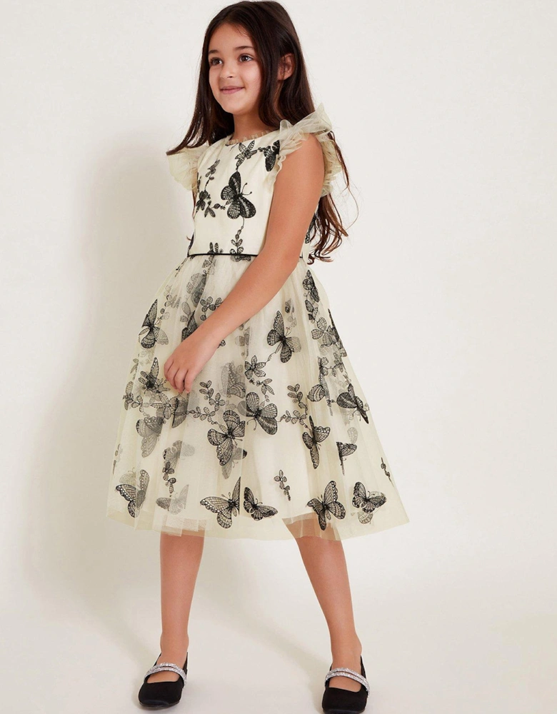 Girls Savannah Monochrome Butterfly Dress - Light Cream