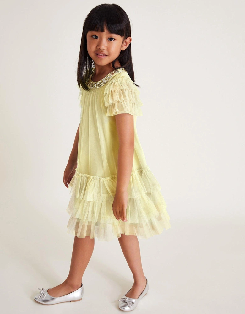 Girls Alexandria Sequin Ruffle Tulle Swing Dress - Light Yellow