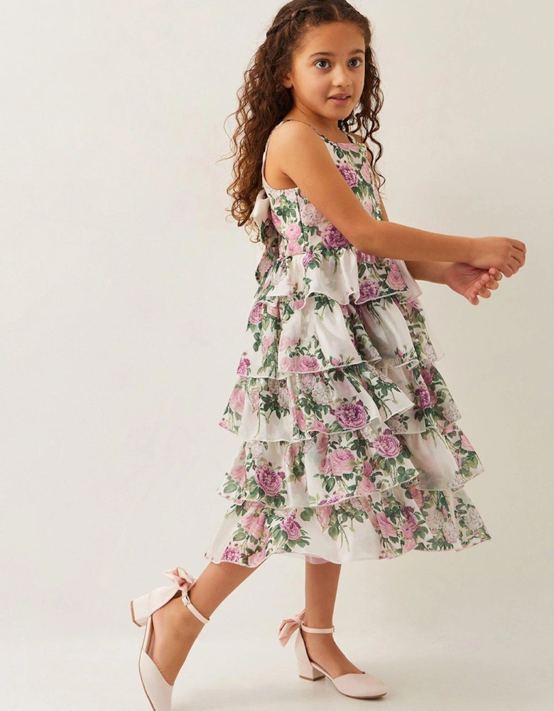 Girls Raye Rose Print Organza Ruffle Dress - Light Cream