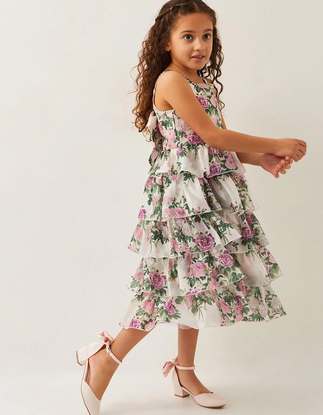 Girls Raye Rose Print Organza Ruffle Dress - Light Cream, 2 of 1