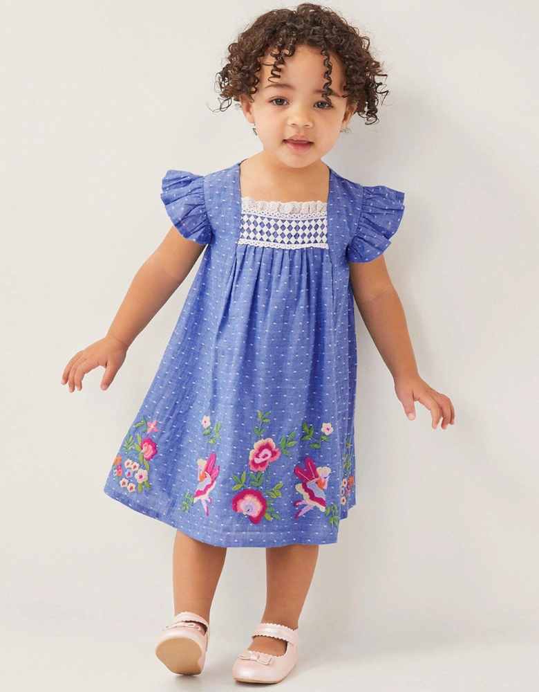 Baby Girls Fairy Embroidered Frill-Sleeve Dress - Blue